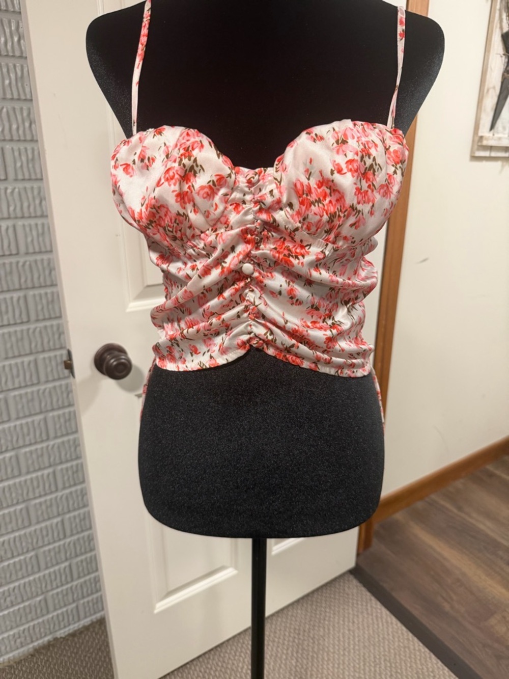 Corset Crop Tank Womens Medium Coral Cinch Side Smocked Back Adjustable Straps